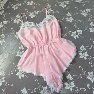 Vintage Pink and White Lace Trim Babydoll Teddy